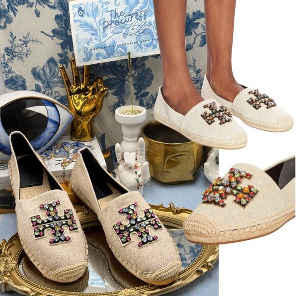 🆕 TORY BURCH 🧿 NWOB Ines Linen & Leather Bejewelled Espadrilles - Sz  9 M - Picture 1 of 13